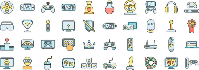 Poster - collection of gaming themed icons in a colorful, minimalist style