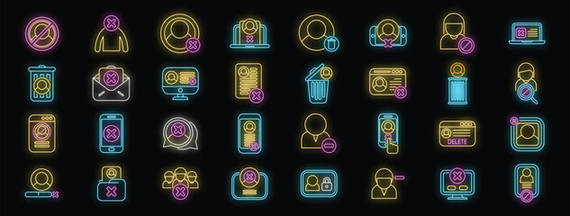 Poster - Glowing neon icons represent removing user, deleting account or profile on computer, smartphone, and other platforms