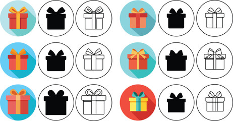 Fototapete - Various colorful gift box icons presenting different design styles within circle frames for design