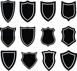 Poster - A collection of black and white shield badges in various shapes and designs for graphics