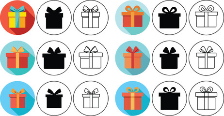 Poster - Collection of festive gift box icons in various styles with circular backgrounds for design projects