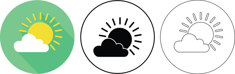 Poster - Three round weather icons depicting the sun partially obscured by a cloud in different styles.