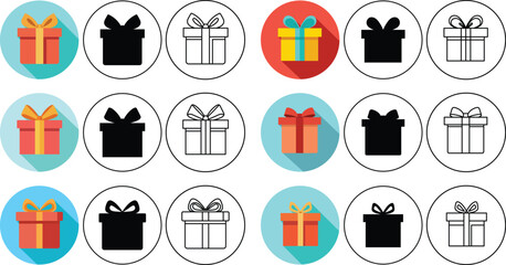 Poster - Vector illustrations of various gift boxes icons in different styles and colors within circles.