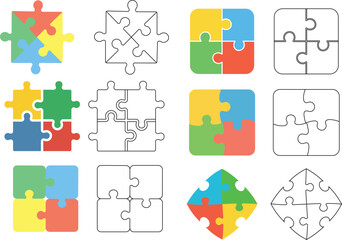 Poster - Colorful and outline four piece jigsaw puzzle elements in different arrangements and variations