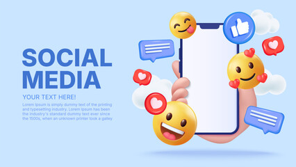 3d vector hand holding mobile with emoticon and bubble talk background template, icon and symbol, happy love fun laugh