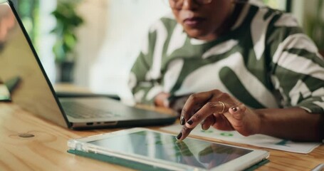 Aufkleber - Hands, woman and graph on tablet for accounting, financial planning and budget review. Female person, digital screen and audit with finance results, statistics document and online expenses in office