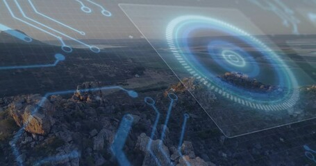 Poster - Aerial shot starting with grid emerging over plateau, circuits streaming and 3D panel scanning