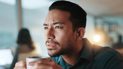 Aufkleber - Coffee, face and reading with business man in office at night for development. planning or research. Confused, information and thinking with employee drinking caffeine beverage at work on computer