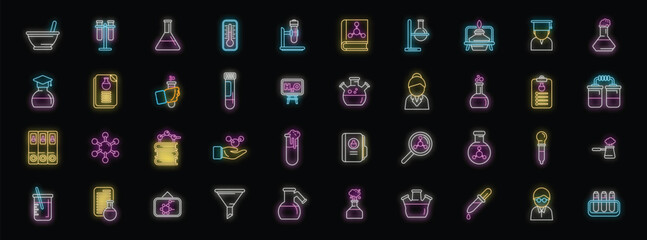 Poster - colorful neon icons representing various chemistry lab equipment, glassware, molecular structures, a