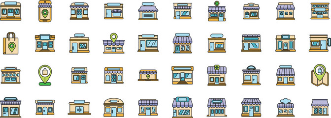 Poster - Colorful shop location icons represent various retail businesses and stores, emphasizing the importance of location in commerce