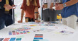 © peopleimages.com - Color swatch, hands or people in meeting for planning, brand choice or approval decision. Teamwork, review or creative project manager with group, tablet or designers for company identity or task