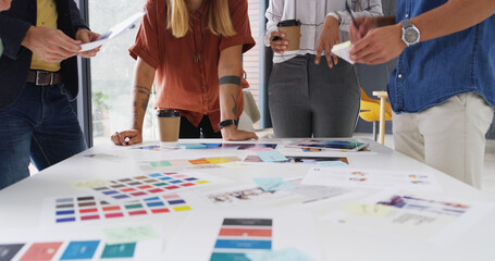 Aufkleber - Color swatch, hands or people in meeting for planning, brand choice or approval decision. Teamwork, review or creative project manager with group, tablet or designers for company identity or task