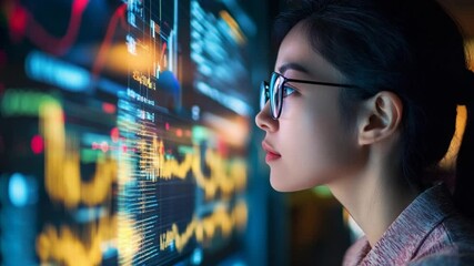 Fototapete - Focused analyst examines stock market data on interactive screen for financial insight