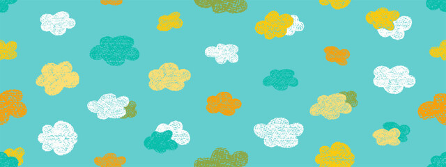 Poster - Crayon icons of weather, clouds in sky. Seamless pattern with doodle clouds in chalk texture. Cute summer weather background drawn with crayon pencils, kid vector illustration