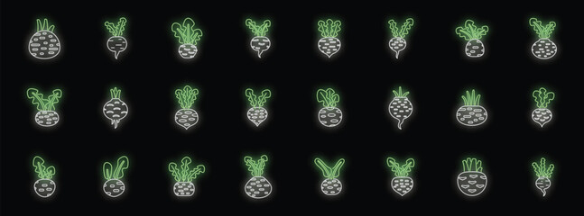 Poster - Set of glowing neon beetroots with leaves on black background