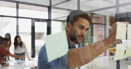 Aufkleber - Glass wall, businessman and sticky note in office for writing, strategy and brainstorming in agency. Ideas male person and creative writer with moodboard for information, solution and startup goal