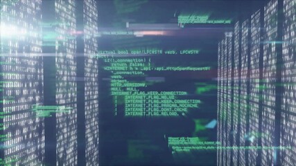 Aufkleber - opening corridor, code pillars scrolling, c-style block emerging highlighting group allocation