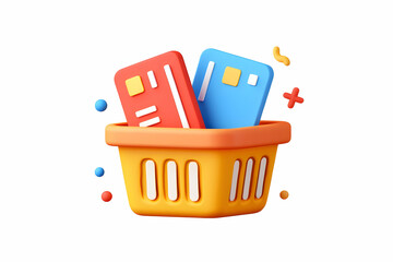 Poster - 3D Render of Shopping Basket with Credit Cards Online Payment Concept