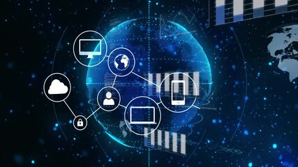 Poster - Glowing data globe rotating triggers icons appearing then linking devices illustrating safe network