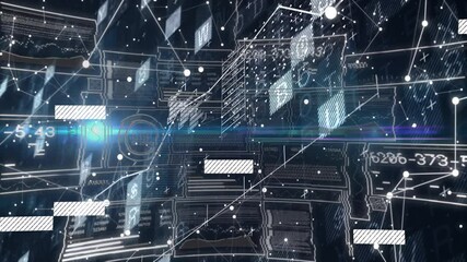  - Grid appearing, nodes connecting and panels shifting visualizing data flow across virtual network