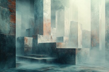 Poster - A misty, futuristic city composed of large, weathered concrete blocks and pillars.