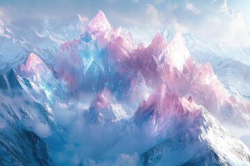 Poster - Crystal mountain range, ethereal glow, pink and blue hues, winter wonderland.