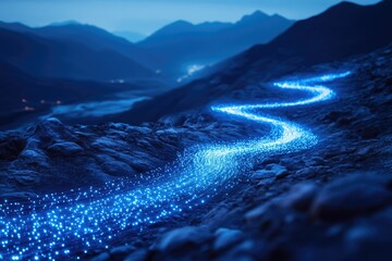 Aufkleber - Glowing blue stream of data flows through a mountainous landscape at night, symbolizing digital transformation and connectivity.