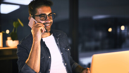 Aufkleber - Laptop, phone call and businessman in office for project, copywriting deadline or night research. Creative worker, writer or editor with overtime, update or discussion for editing news article online