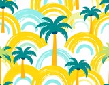 Żółto-niebieski wzór z palmami, tęczami lub falami, spiralami, kółkami