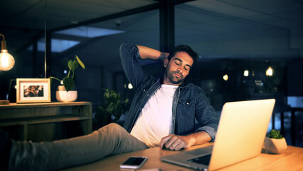 Poster - Laptop, wait and business man in night office for research, copywriting deadline or project. Bored worker, frustrated and editor with fatigue, burnout or exhausted for editing news article online