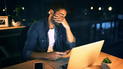 Poster - Laptop, eye strain and business man in night office for research, copywriting deadline or project. Worker, frustrated and editor with fatigue, burnout or exhausted for editing news article online