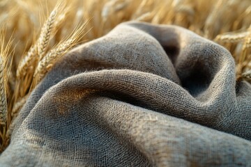 Poster - A burlap fabric draped over golden wheat stalks in a field, suggesting harvest and rustic textures.