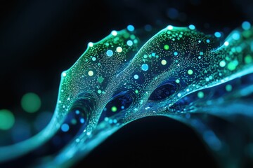 Aufkleber - Abstract teal and green flowing wave of light particles, intricate network, digital art.