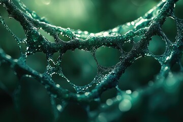 Fototapete - Close-up of a dark green, glistening, web-like structure with holes, possibly a natural phenomenon or abstract art.