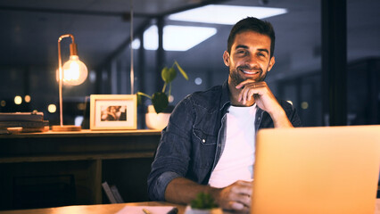 Poster - Office, night and businessman with laptop in portrait, proofreading and deadline for news article. Late, male person and journalist with smile for blog website, editing story and online publication