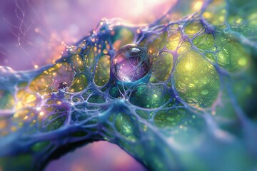Fototapete - A mesmerizing abstract image depicting a vibrant, iridescent network with glowing orbs, resembling a biological structure or alien landscape.
