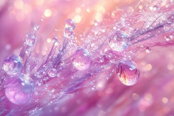 Aufkleber - Dewdrops cling to delicate pink plant fibers, creating a dreamy, ethereal scene.