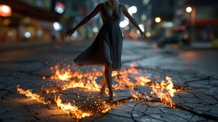 Poster - Woman's feet on cracked asphalt with sparks