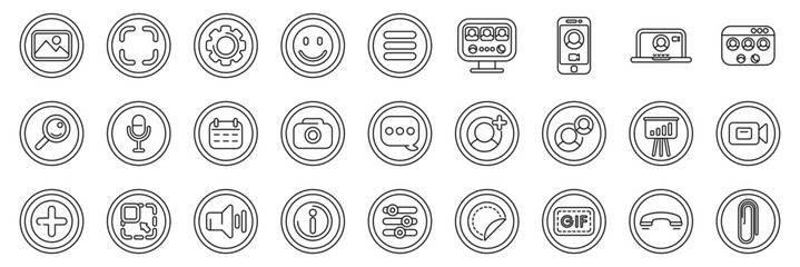 Poster - Videocall icons set. Diverse set of round icons encompassing various aspects of online communication, social media interaction, and content creation tools
