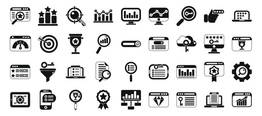 Poster - keywords ranking icons set. icons depicting website analysis, seo optimization, performance tracking