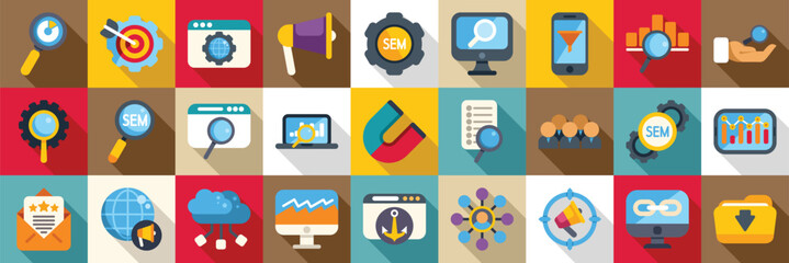 Poster - SEM icons set. Colorful set of search engine marketing icons representing various aspects of online strategy, digital optimization, and search engine optimization