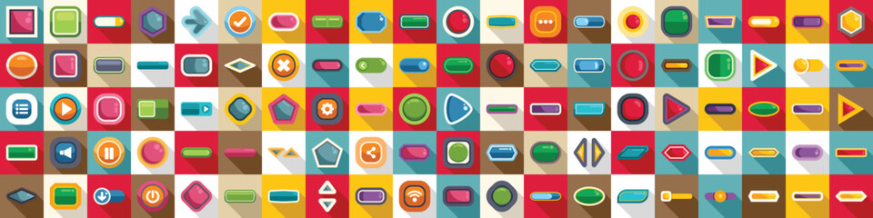Poster - icons set. colorful set of game buttons for user interface, featuring different shapes, symbols, and