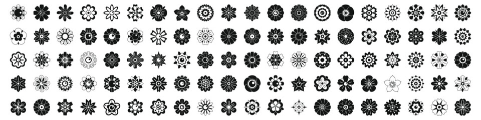 Poster - icons set. Diverse set of flower icons showcasing various species and blooming stages in black and white