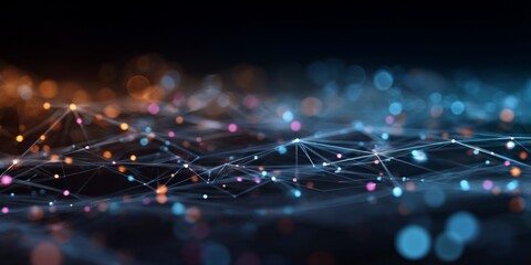Leinwandbilder - Abstract connection network with colorful dots and lines representing data flow, technology, and communication across digital space