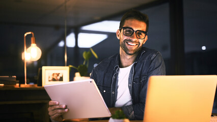 Fototapete - Office, night and businessman with tablet in portrait, proofreading and deadline for news article. Late, male person and journalist with laptop for blog website, story research and online publication