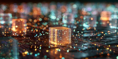 Poster - Abstract digital landscape featuring illuminated transparent cubes on a futuristic grid with glowing particles creating a mesmerizing cosmic atmosphere