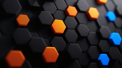3d hexagon pattern with orange and blue, futuristic black geometric surface, ideal for digital tech 
