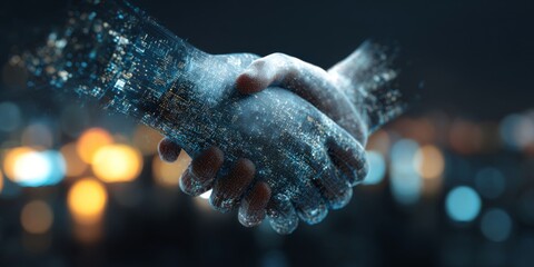 Aufkleber - Futuristic handshake symbolizing partnership, technology, innovation, and connection in a digital world with city lights in the background