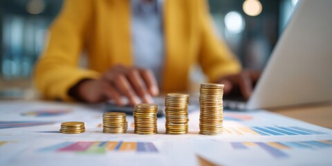 Fototapete - Businesswoman in Yellow Jacket Analyzing Financial Reports with Laptop and Charts on Table, Hands, Gold Coins, Professional Environment