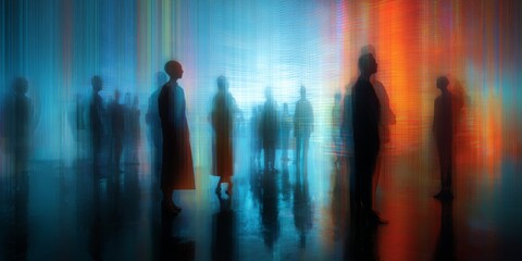 Aufkleber - Diverse silhouettes of people standing in front of a colorful abstract digital backdrop, representing technology, innovation, and connectivity in a modern environment